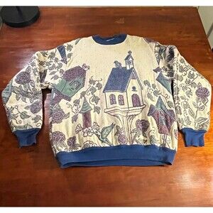 VTG Sugar Street Weavers Tapestry Knit Scenic Birdhouse Crew Neck Sweater O/S